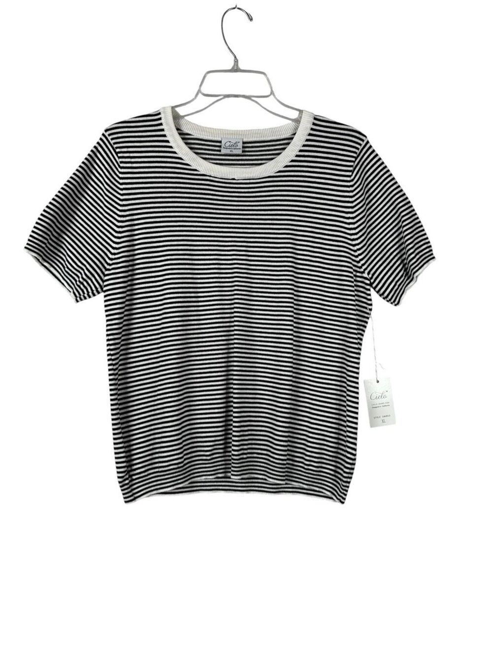Cielo Striped Short Sleeve Knit Top Black White Crew Neck Womens XL NWT Parisian